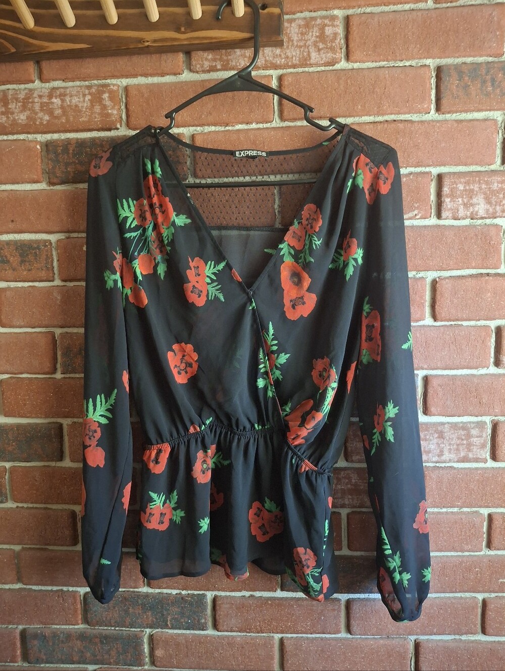 Express Black Wrap Blouse with Red Floral Print